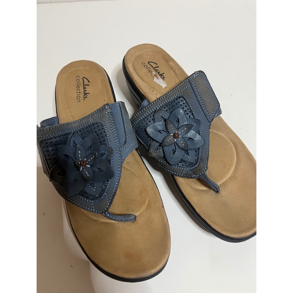 Clarks Collection Blue Leather Flower Thong Sandals Wedge Slides Womens 8.5 W